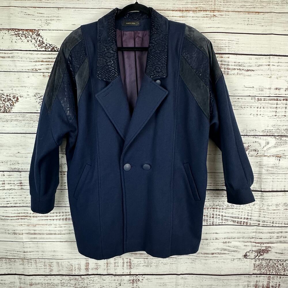Womens VTG 80s Havoc Navy Blue Wool Leather Suede Shoulder Midi Trench Coat 9/10